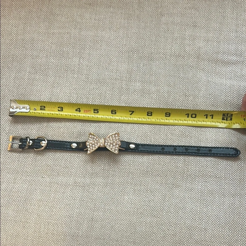 Black Leather pet collar with Gold Bow